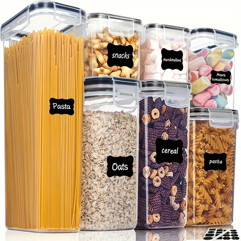 7 Piece Food Container Set - Airtight Kitchen Containers with Labels for Grains, Flour & Sugar